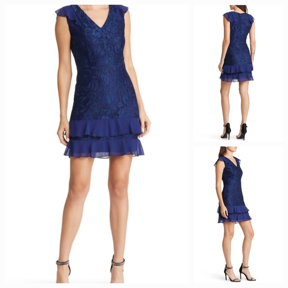 Sam Edelman Navy Lace Ruffle Hem Dress Size 10 Elegant Cocktail Party NEW - Picture 1 of 6